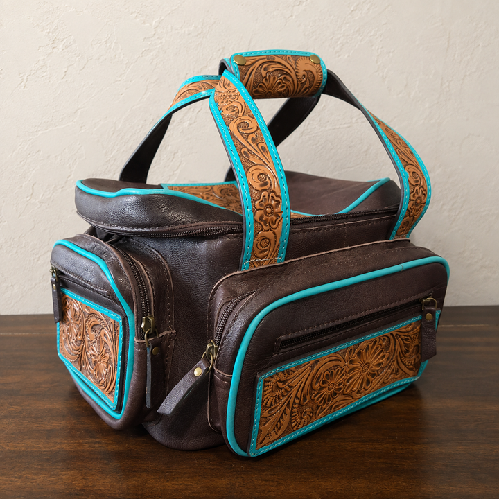 The Lunch Money | Tooled Leather Insulated Lunch Box & Cooler Bag – Brown + Turquoise