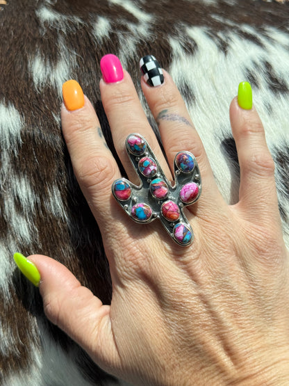 Mojave Desert : Spiny Oyster & Turquoise Mojave Sterling Silver Cactus Adjustable Statement Ring
