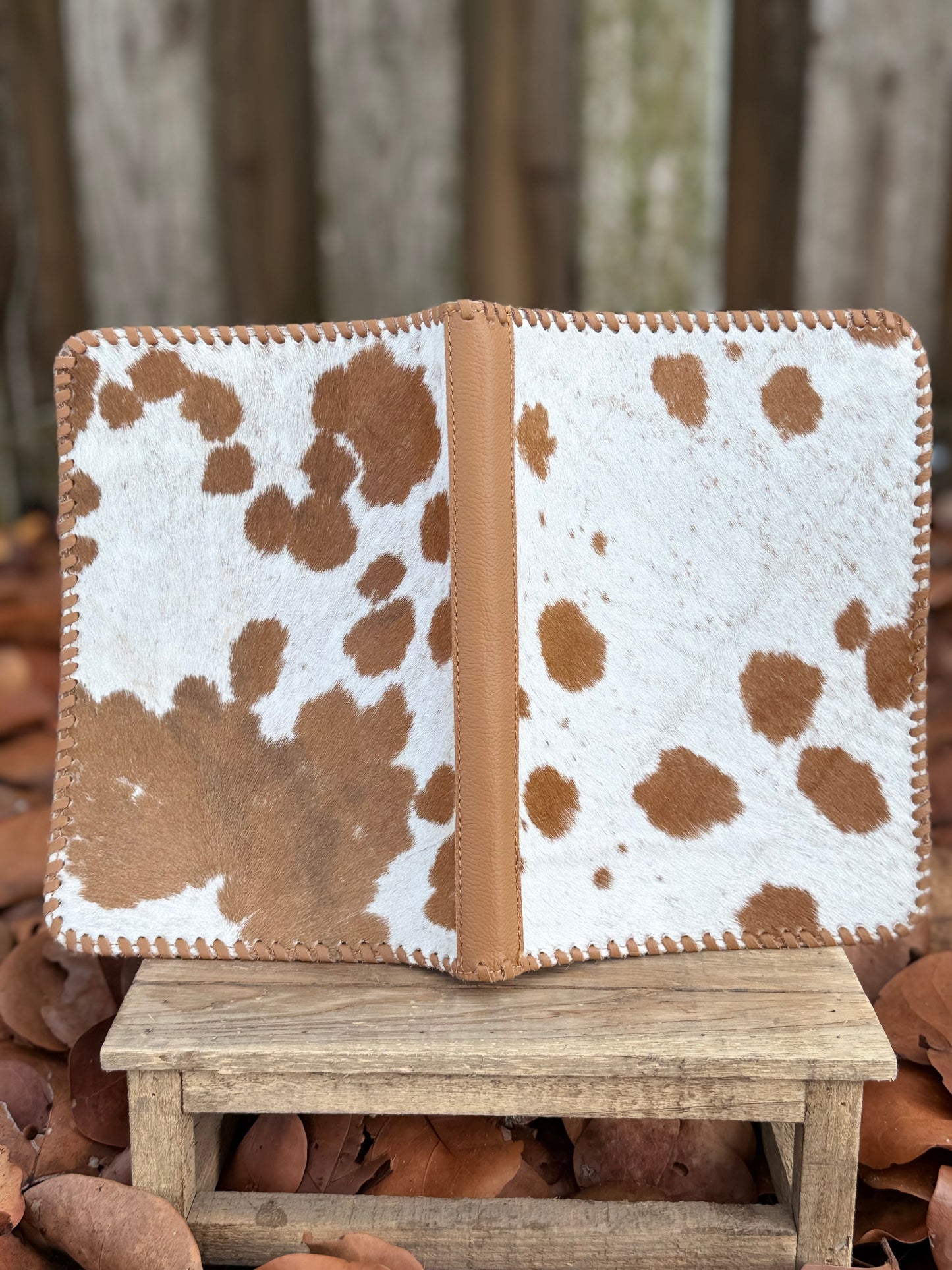 Tan Leather & Cowhide Bible Cover – Handmade Western Book Sleeve for Large Bibles & Notebooks