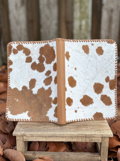 Tan Leather & Cowhide Bible Cover – Handmade Western Book Sleeve for Large Bibles & Notebooks