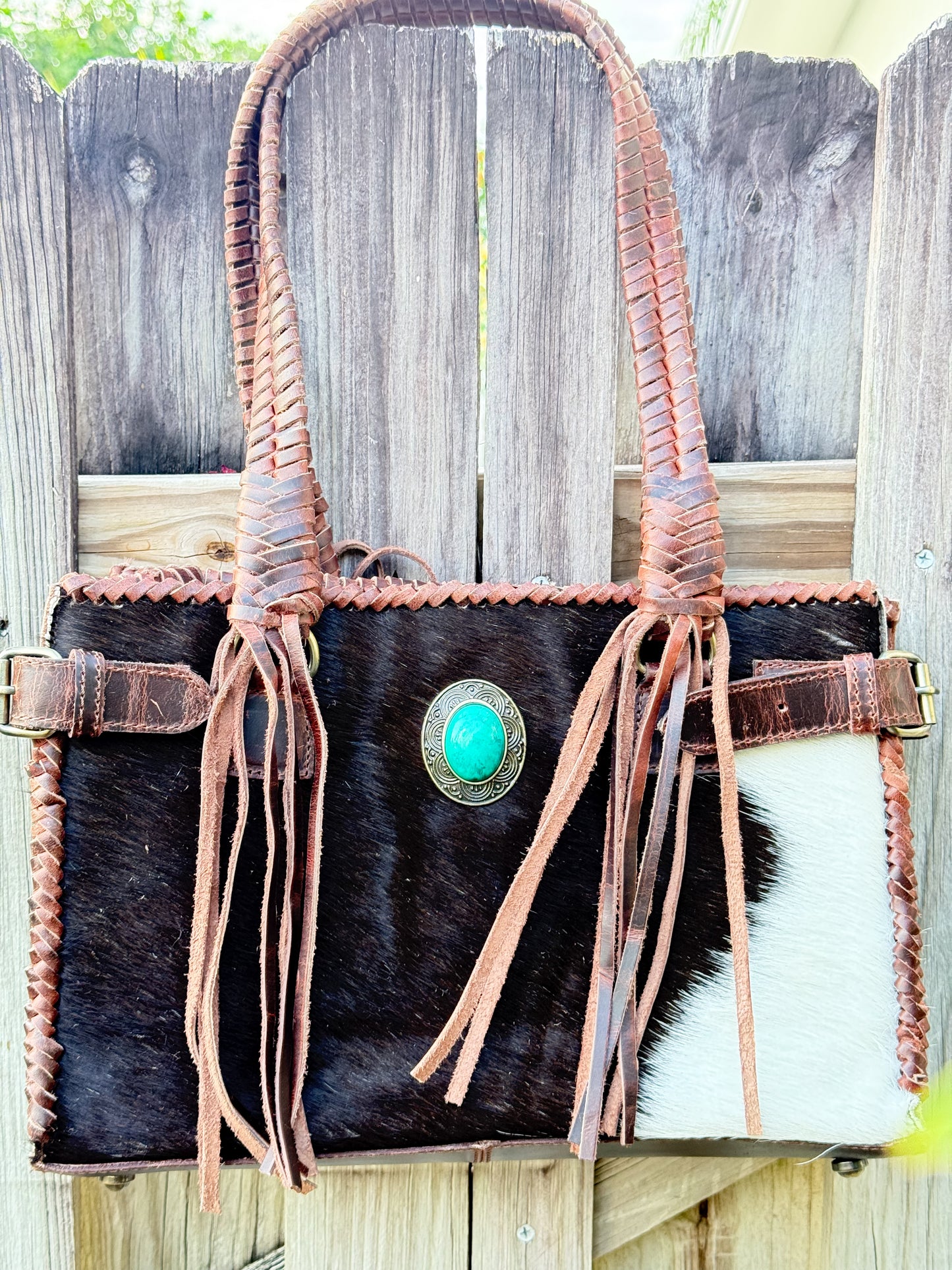 The Everglades Outrider: Distressed Brown Leather Western Purse with Braided Straps and Hair on Cowhide