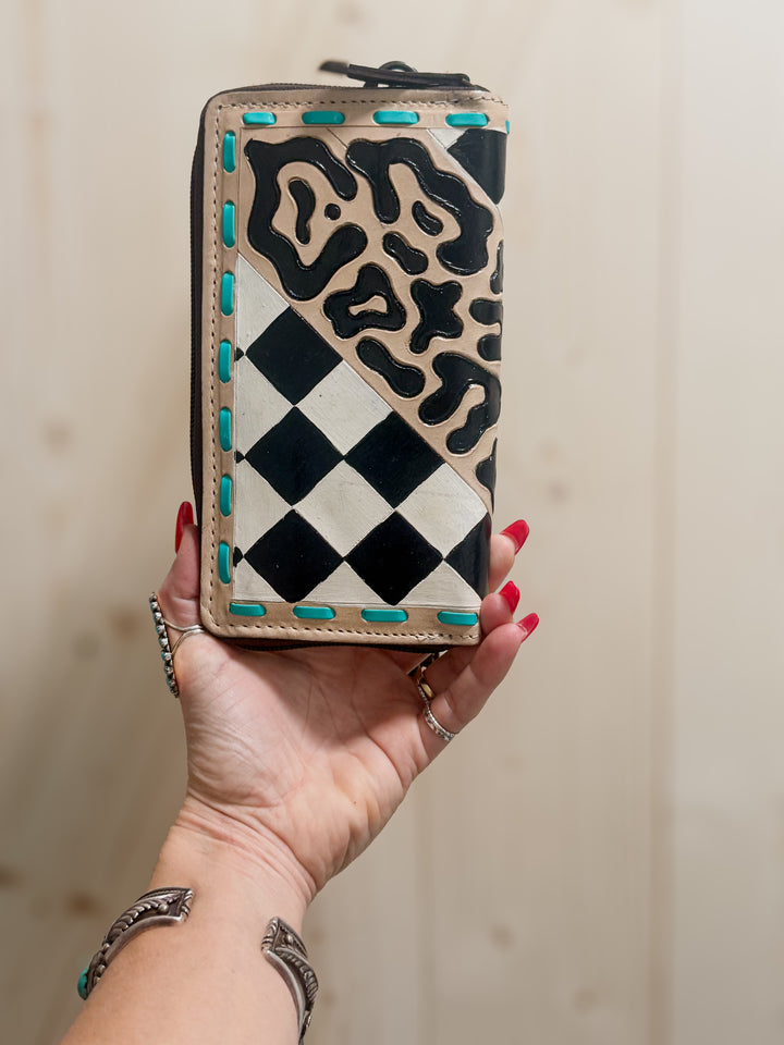 Royston Punch | Hand-Tooled Black & White Checkered Cheetah Turquoise Leather Phone Wallet Wristlet