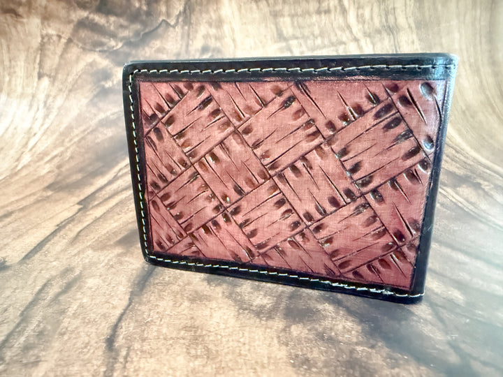 Back view of men’s tooled leather wallet with basketweave design