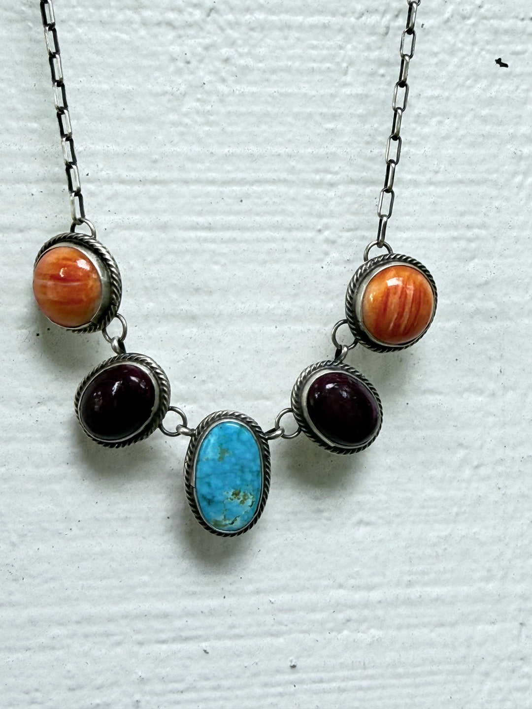 Sheila Tso Navajo Whitewater Turquoise, Purple and Orange Spiny Oyster Necklace