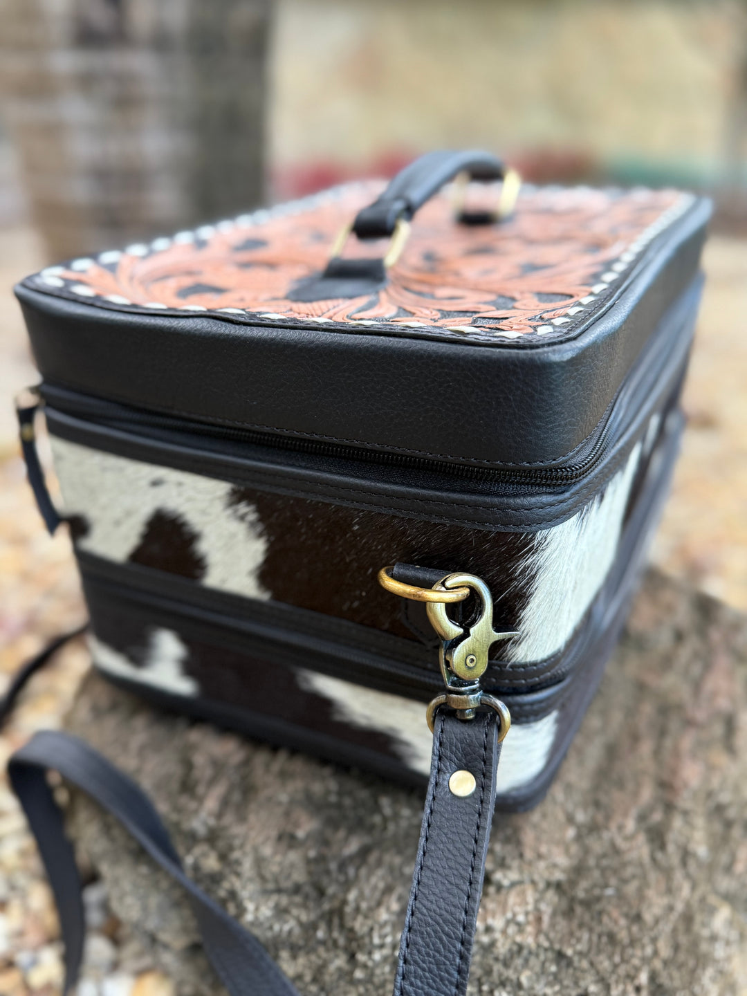 The Double Decker in Black | Large Black and White Cowhide and Tooled Leather Jewelry Case