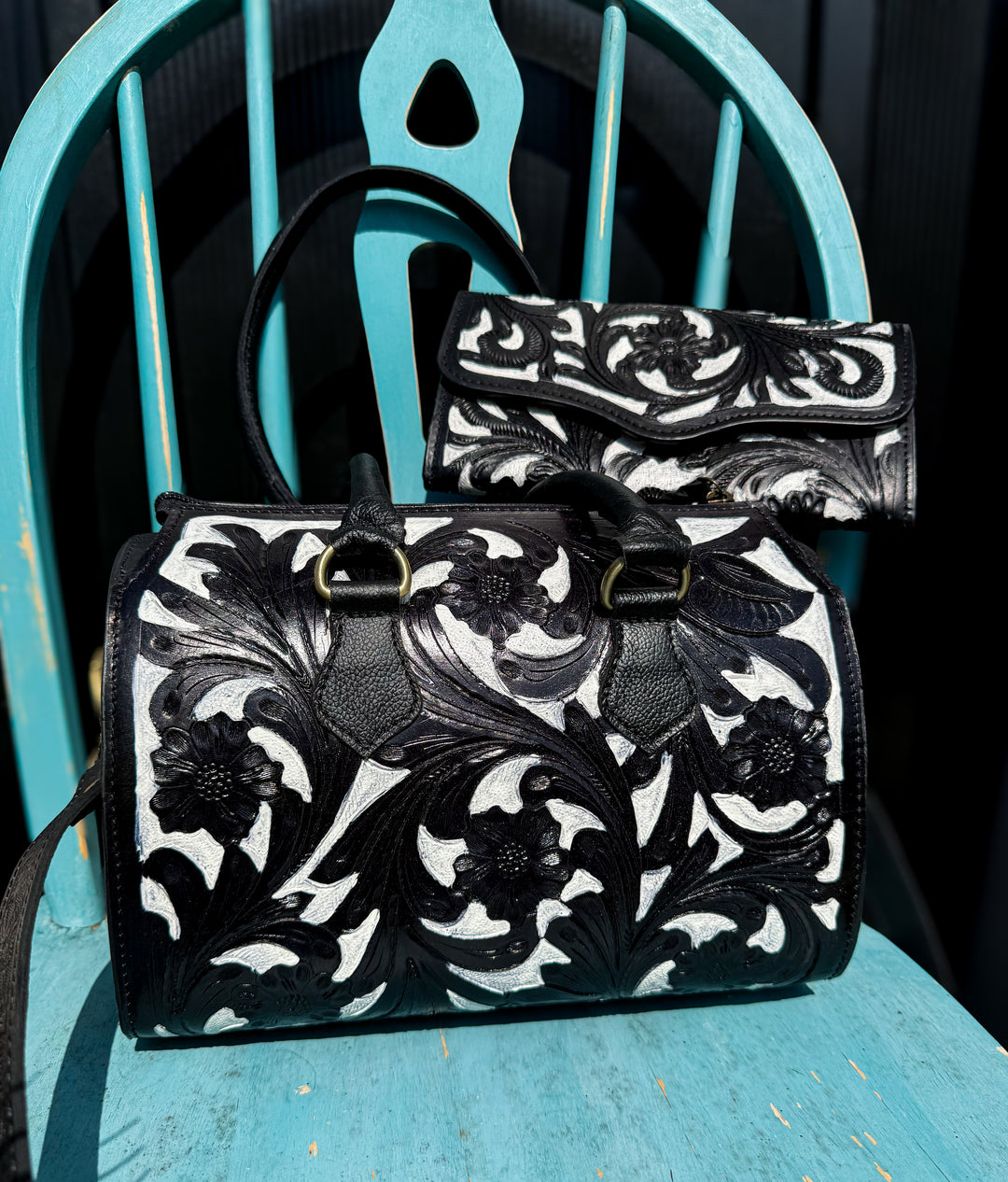 Black Ties & Blue Collars | Structured Tooled Leather Bag + Matching Clutch Set