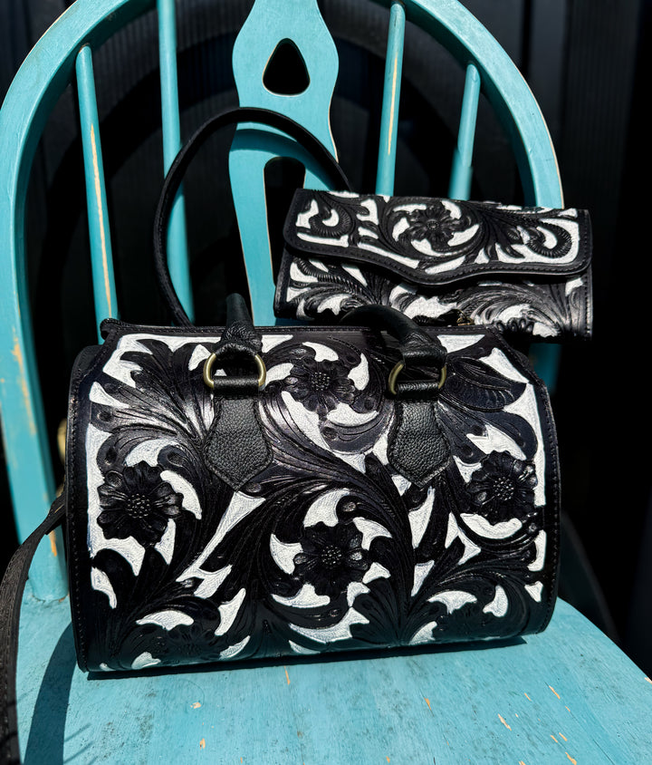Black Ties & Blue Collars | Structured Tooled Leather Bag + Matching Clutch Set