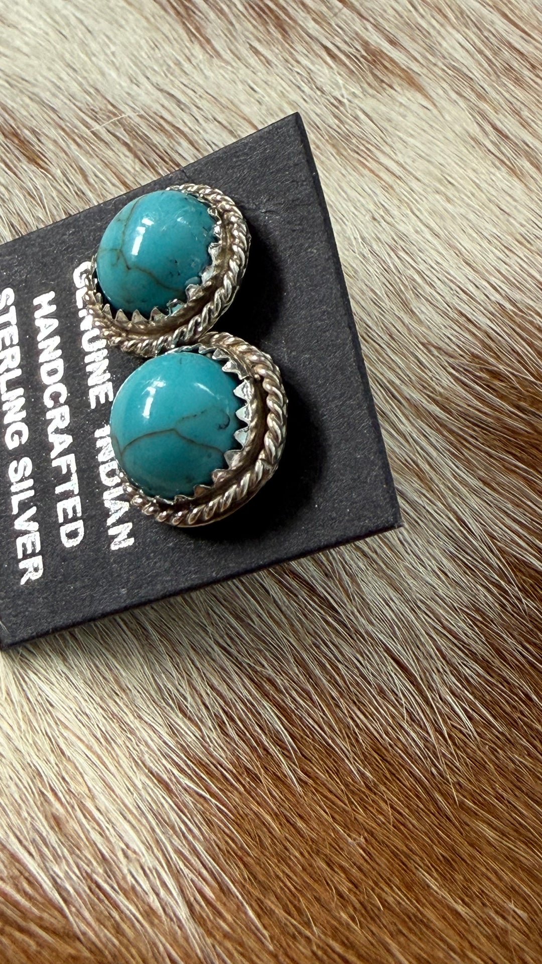 Navajo Handmade Turquoise Stud Earrings | Sterling Silver Rope Border | 10mm Native American Jewelry
