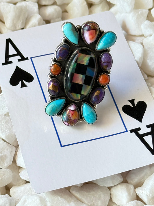 Southwestern 925 Handcrafted Mosiac Onyx, Turquoise, Spiny Oyster Ring