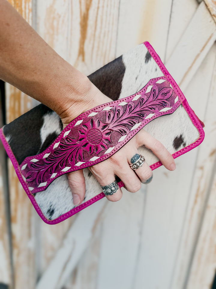 The Jolene Magenta Cowhide Clutch | Tooled Leather Hand Strap