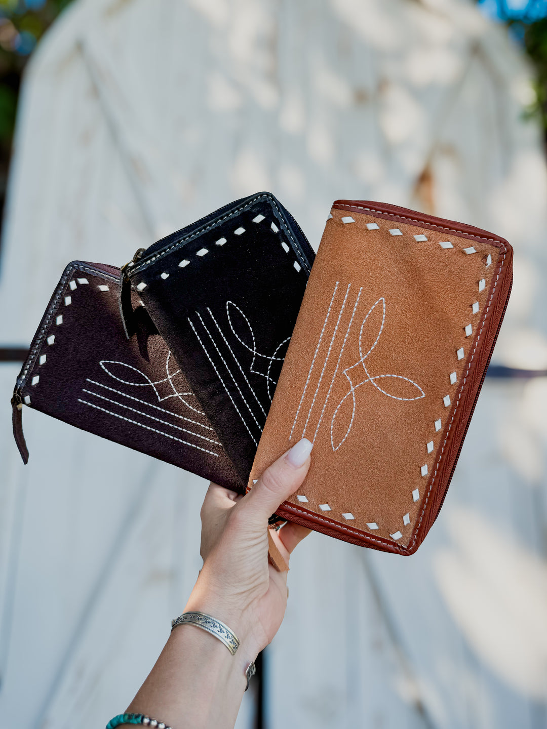 Genuine Suede Leather Boot Stitch Zip Wallet | Western Zip Around Wallet | Tan, Brown or Black