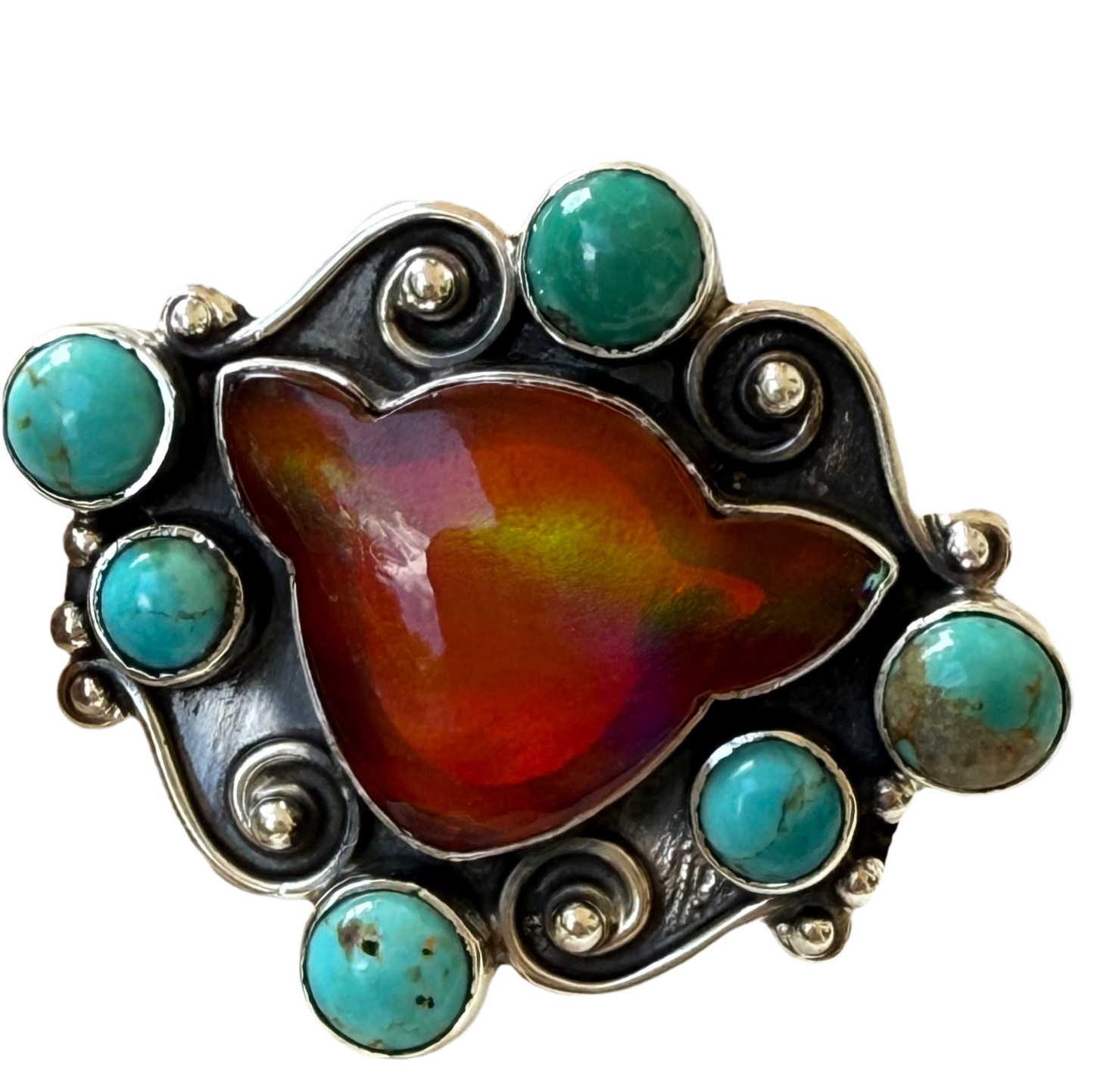 The Maverick – Southwestern Artistian Made Orange Mojave Cow & Turquoise Scroll 925 Ring (Adjustable)