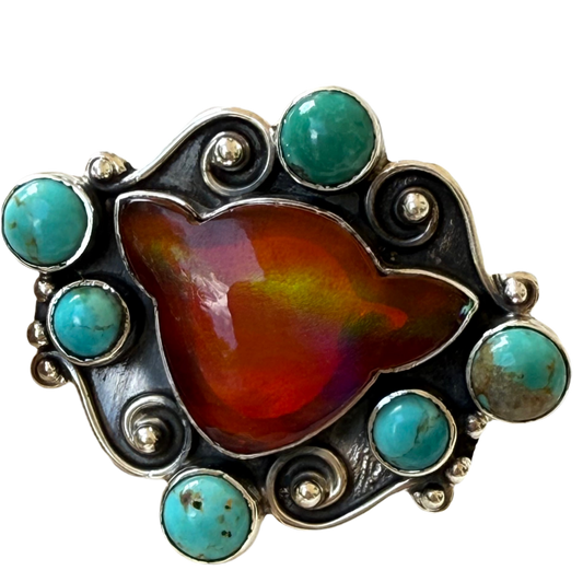 The Maverick – Southwestern Artistian Made Orange Mojave Cow & Turquoise Scroll 925 Ring (Adjustable)