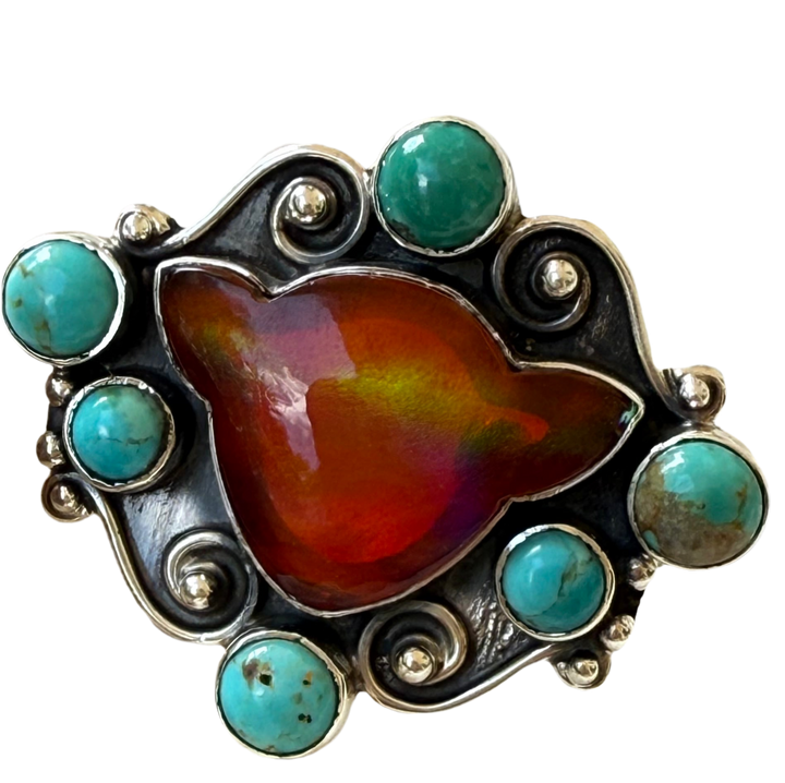 The Maverick | Southwestern Artistian Made Orange Mojave Cow & Turquoise Scroll 925 Ring (Adjustable)