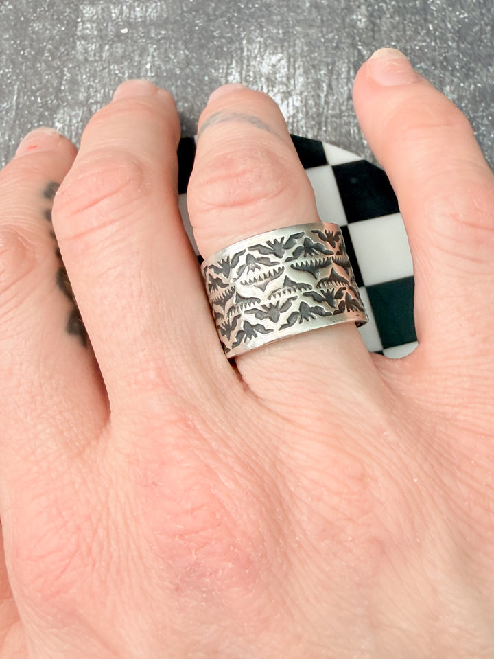 Navajo Handmade Sterling Silver Stamped Cigar Band Ring — Size 7.5