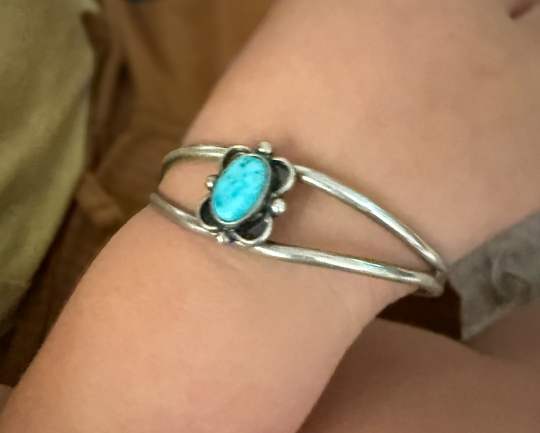 Vintage Native American Sterling Silver & Natural Turquoise Child’s Cuff Bracelet | Hand Signed JJS | Estate Find