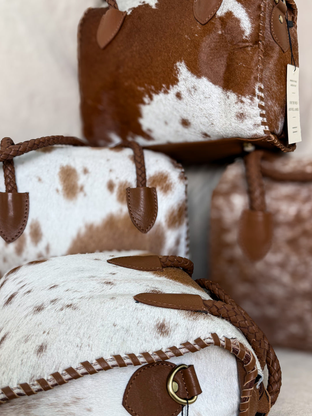 Soft & Strong™ Cowhide Satchel | Caramel & White Genuine Hair-On Hide Leather Handbag