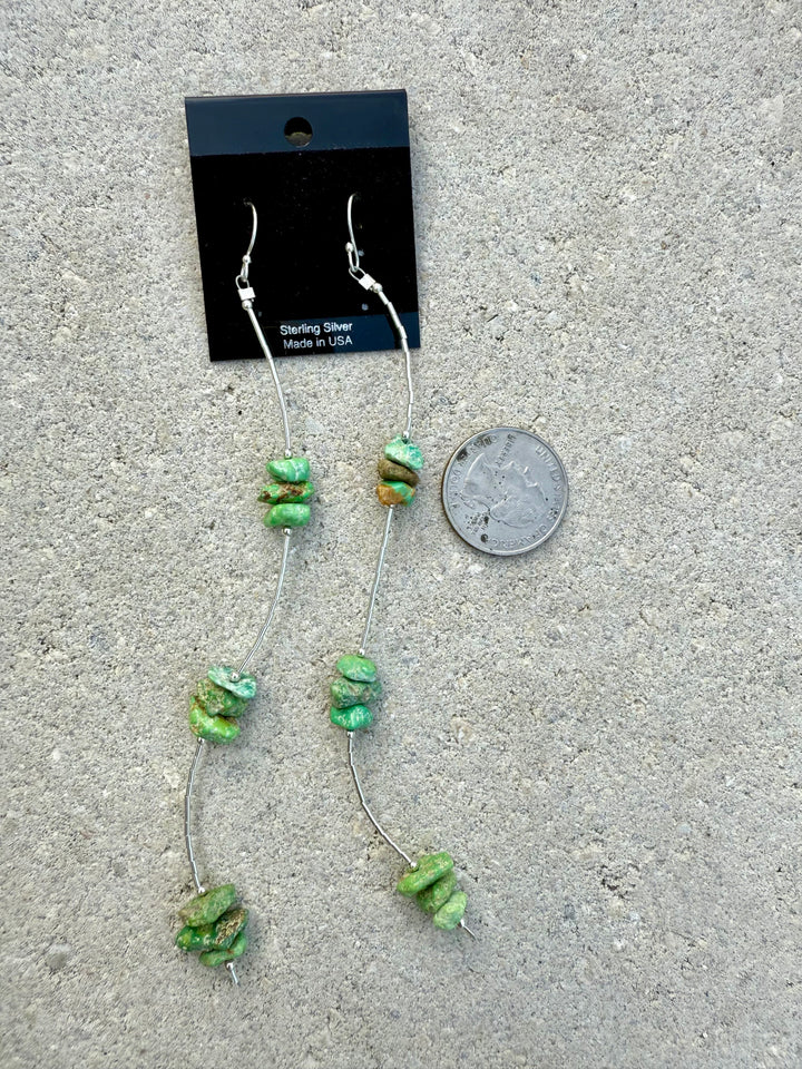 Green turquoise nugget earrings size reference next to coin