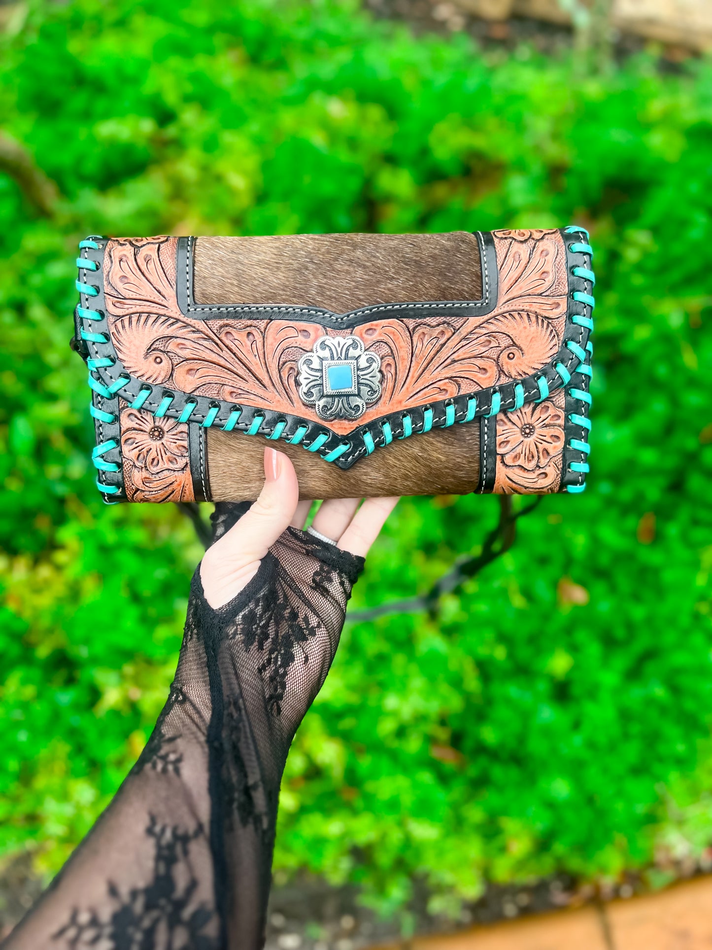 Hand tooled Brown & Black Leather Cowhide Clutch with strap