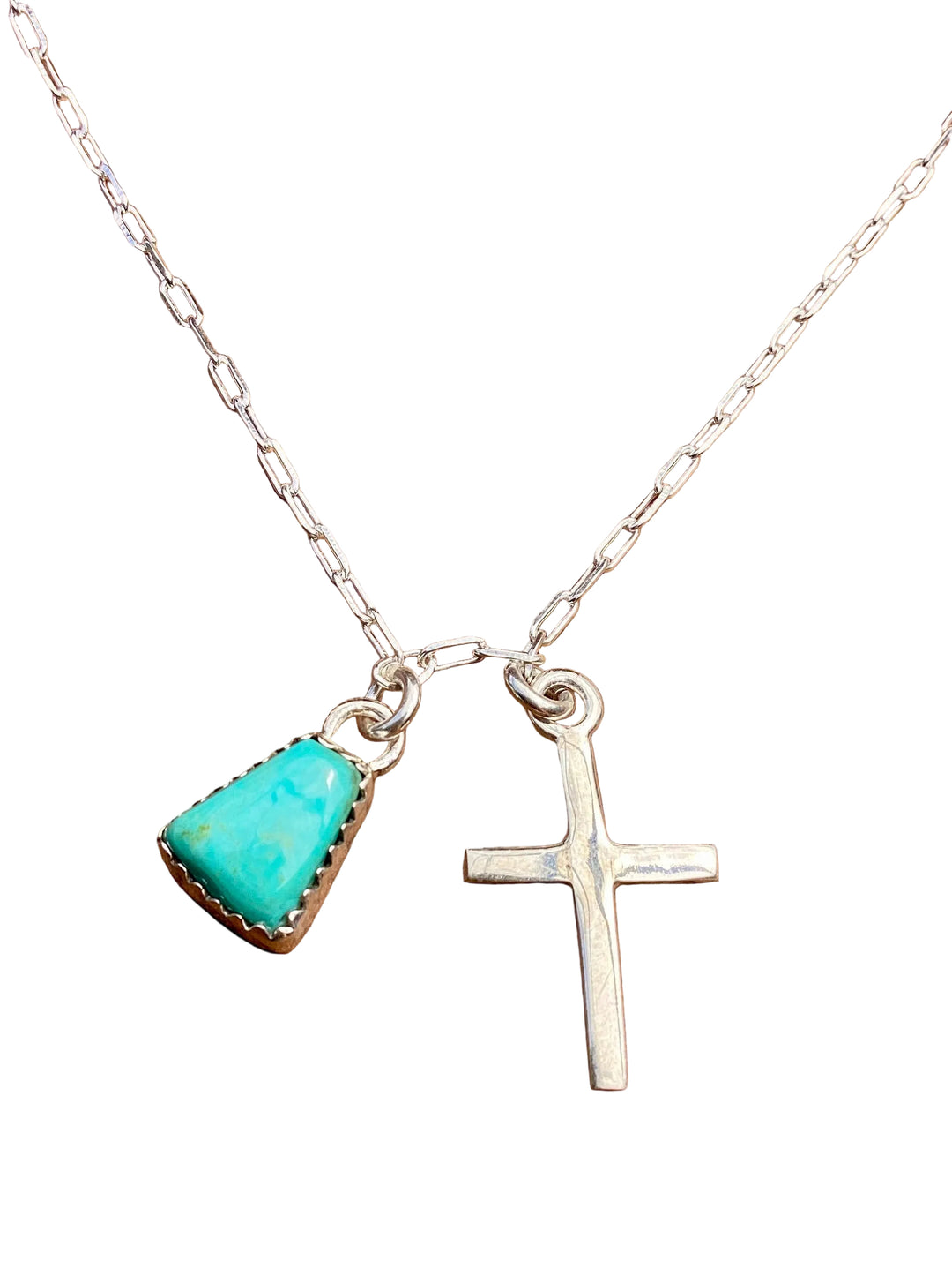 petite sterling silver cross and turquoise charm necklace with adjustable chain
