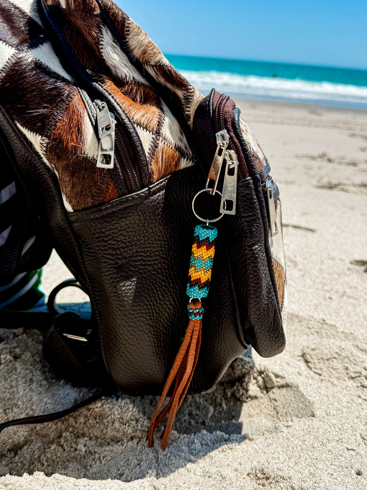 Handmade Navajo Beaded Keychain | Western Bag Charm w/ Leather Fringe