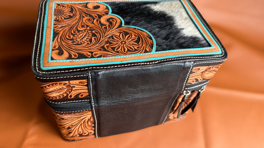 Hand Tooled Leather & Cowhide Vanity Organizer | Jewelry Travel Case | Makeup & Accessory Storage