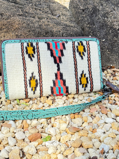 Saddle Blanket & Tooled Leather Boho Western Zipper Wallet