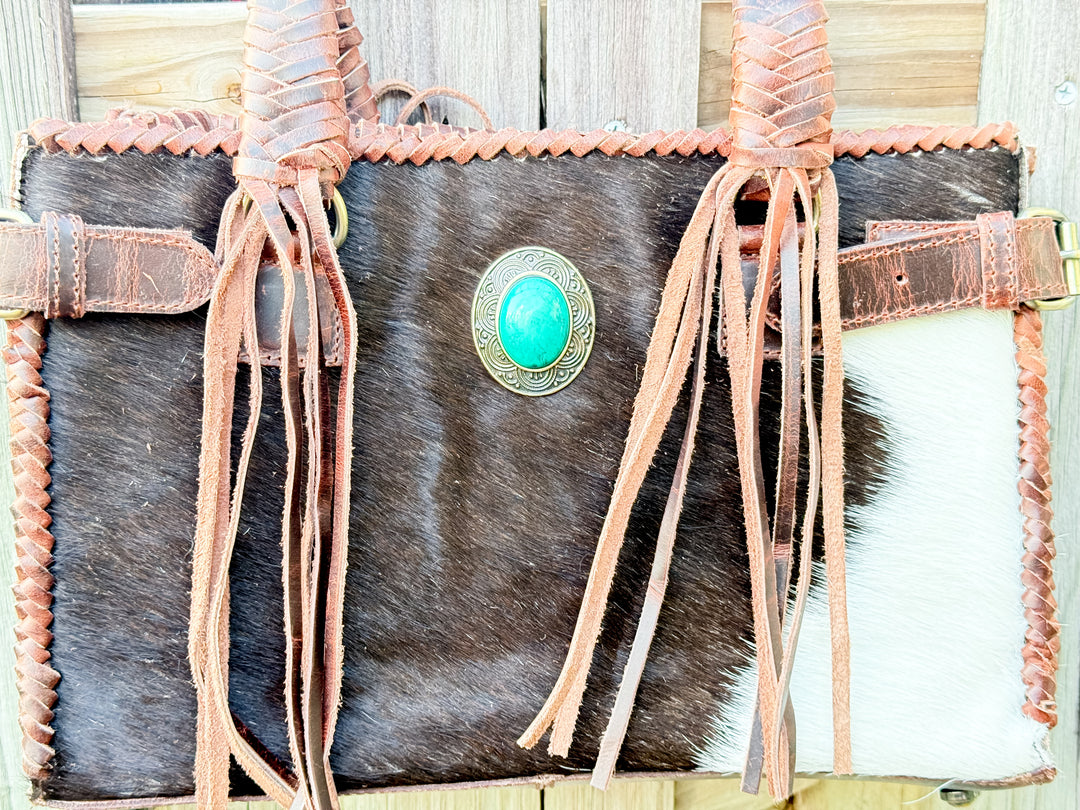 The Everglades Outrider | Distressed Brown Leather Western Purse with Braided Straps and Hair on Cowhide