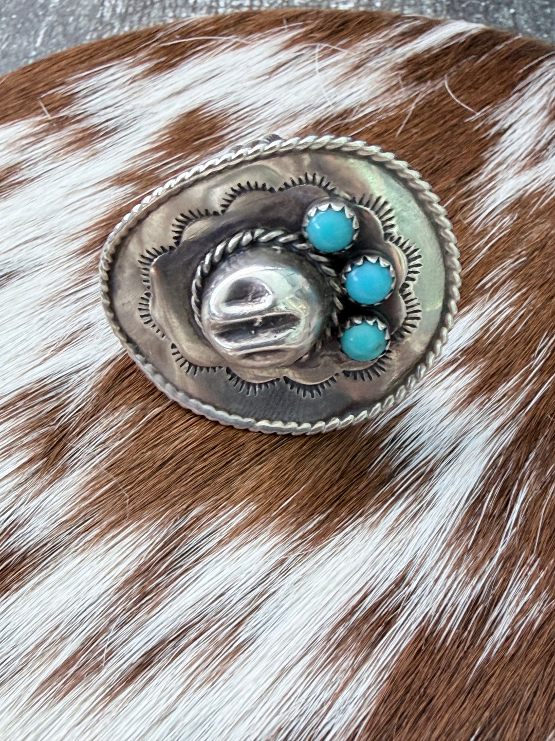 Running Bear Navajo Cowboy Hat Ring | Kingman Turquoise Sterling Silver Size 5.5