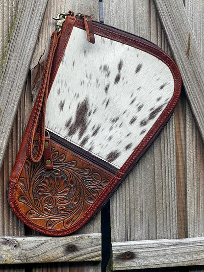 Tooled leather and cowhide zipper handgun case