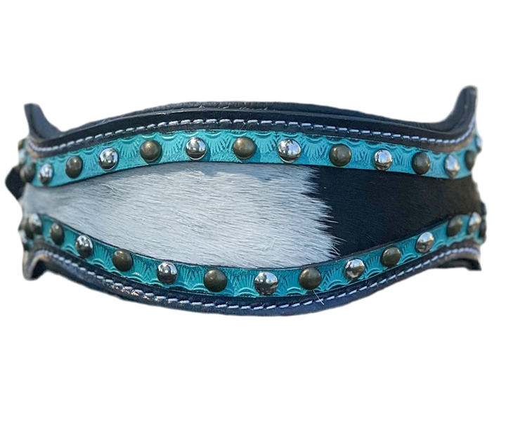 Turquoise Outlaw : (L) Hand Tooled Leather and Cowhide Studded Dog Collar