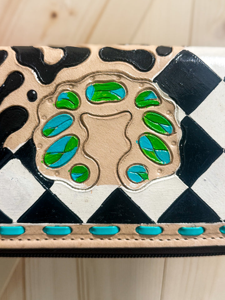 Royston Punch | Hand-Tooled Black & White Checkered Cheetah Turquoise Leather Phone Wallet Wristlet