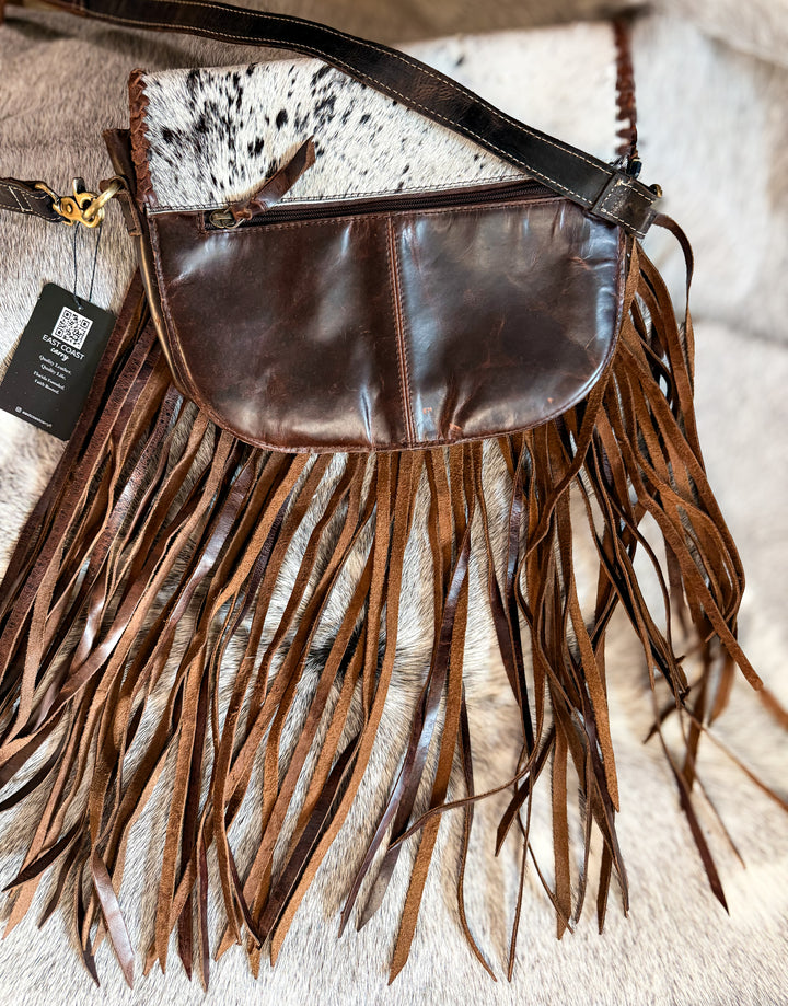 The Prairie Outlaw Fringe Cowhide Crossbody – Tooled Concho Western Leather Bag