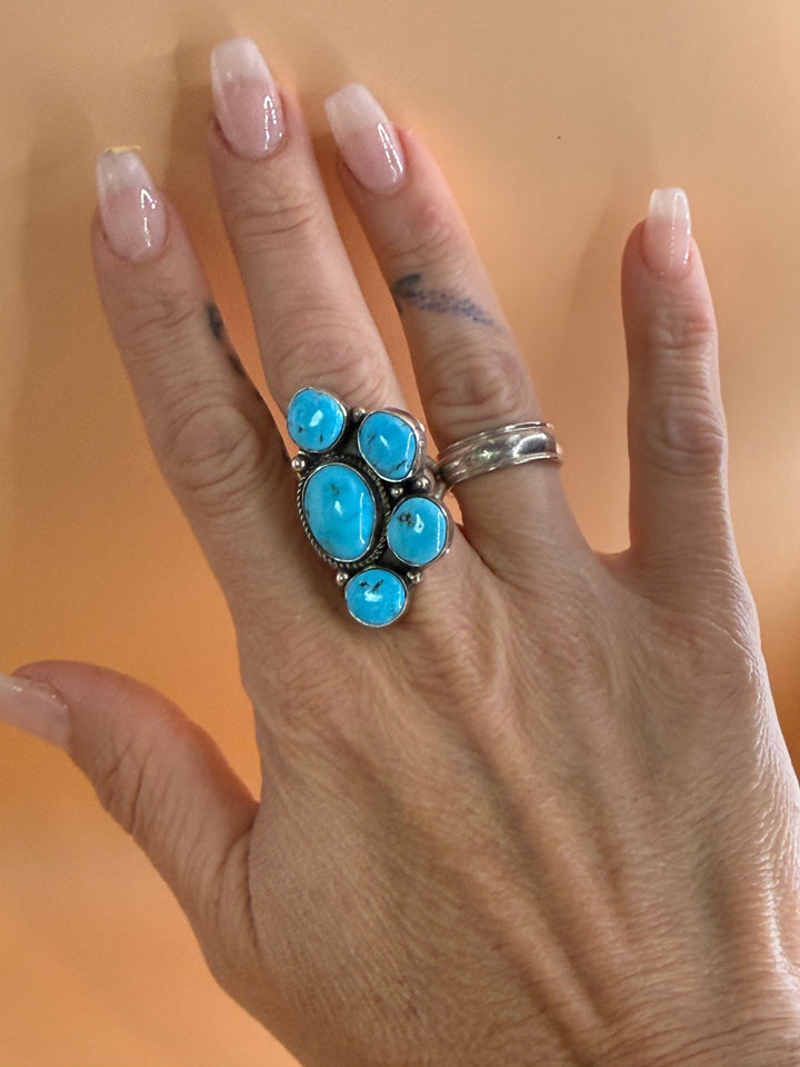 Navajo Handmade Kingman Turquoise Half Cluster Ring | Rita Dawes | Sterling Silver | Size 8