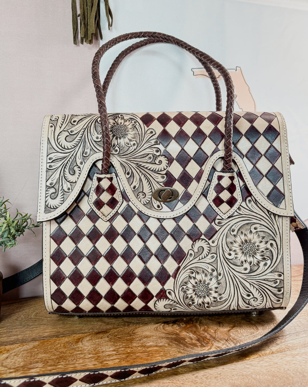 Checkmate No. 9 | Brown & Tan Tooled Leather Tote (Right-Hand Concealed Carry)