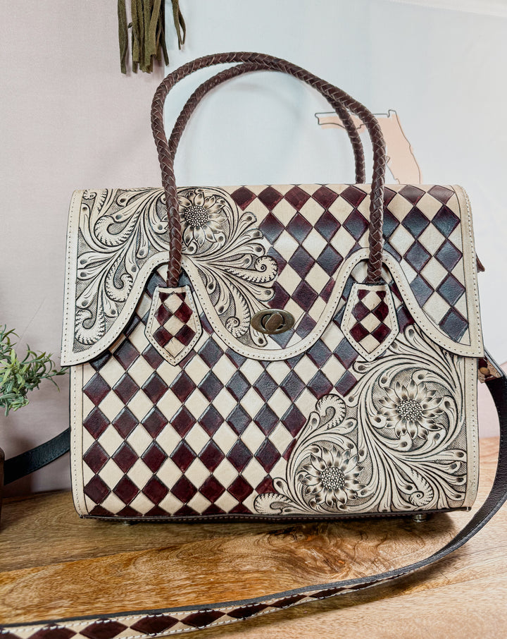 Checkmate No. 9 | Brown & Tan Tooled Leather Tote (Right-Hand Concealed Carry)