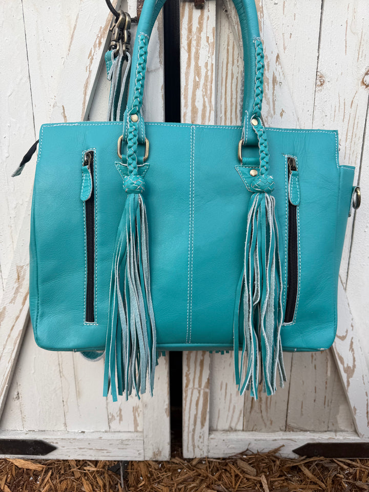 Get to Work Bag | Minty Blue Leather, Tooled Floral & Cowhide Concealed Carry Tote