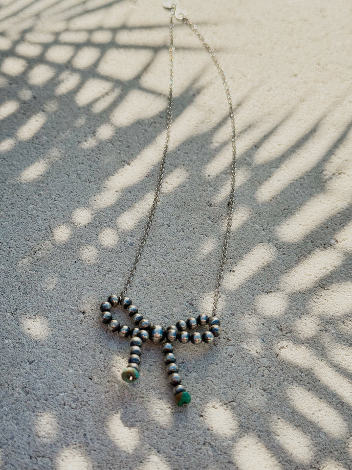 Desert Pearl 18” Bow and Chain Necklace with Kingman Turquosie