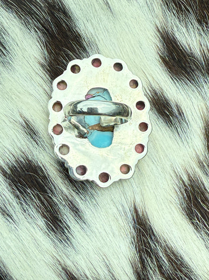 Cotton Candy Turquoise & Red Dahlia Sterling Silver Adjustable Ring