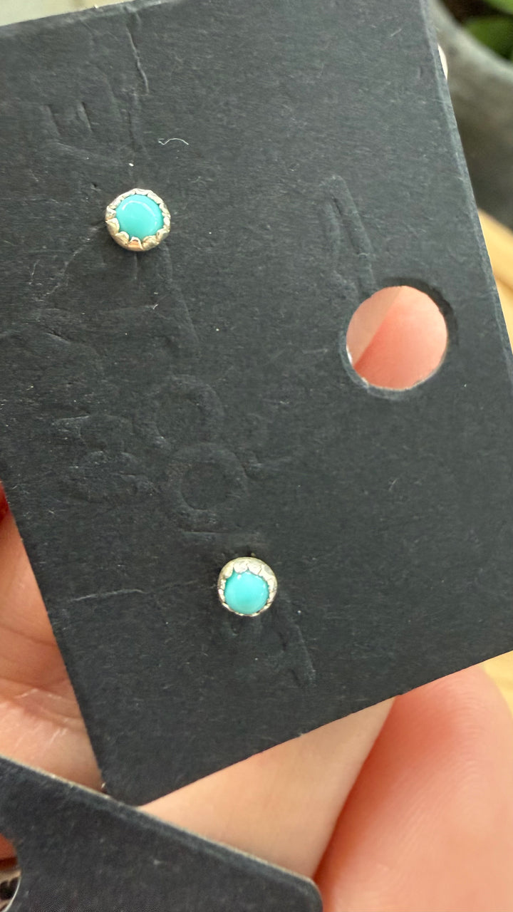 Tiny Kingman Turquoise Stud Earrings | Handmade Navajo Sterling Silver Earrings | Genuine Turquoise | Linda Yazzie