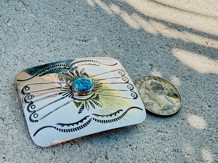 Joan Begay Navajo Handmade Sterling Silver and Kingman Turquoise Slim Belt Buckle
