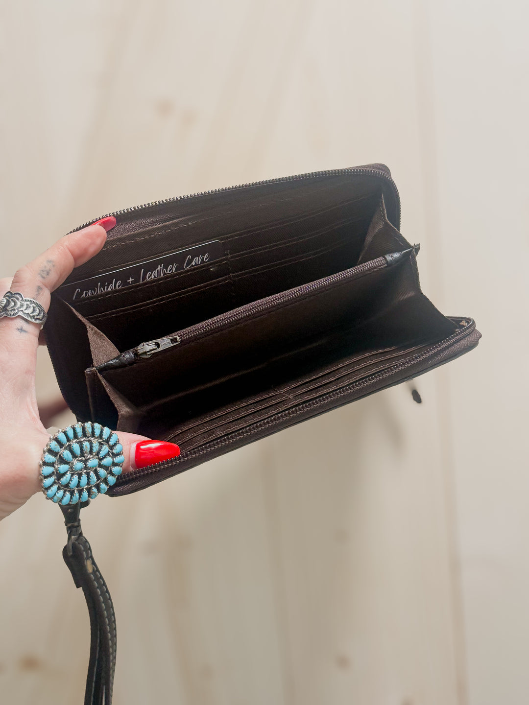 Royston Punch | Hand-Tooled Black & White Checkered Cheetah Turquoise Leather Phone Wallet Wristlet