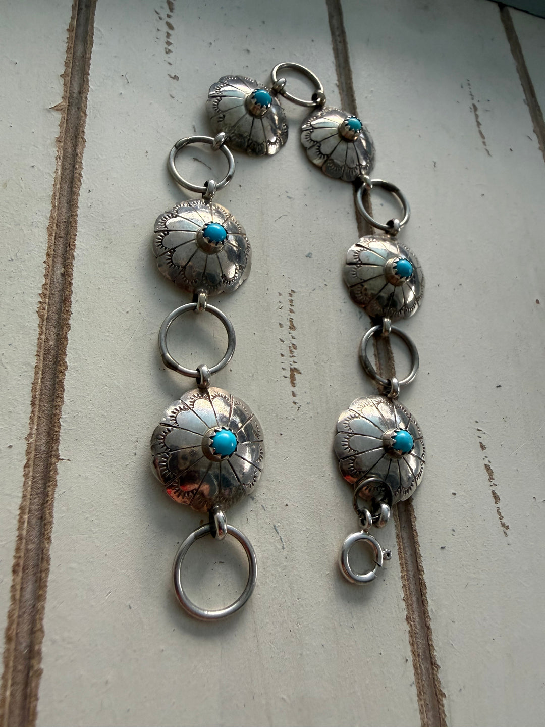 Estate Sterling Silver & Turquoise Concho Link Bracelet