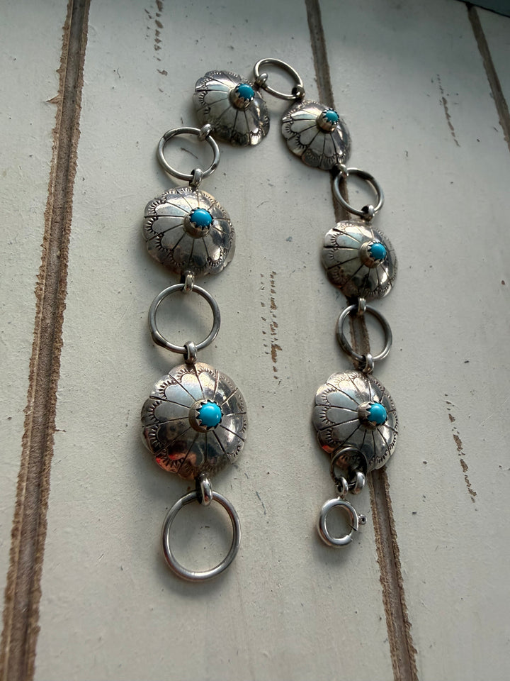 Estate Sterling Silver & Turquoise Concho Link Bracelet