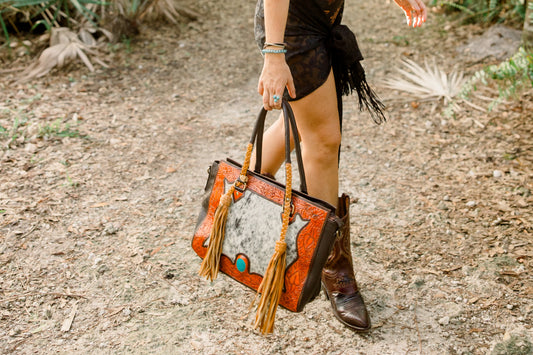 Dawn to Dusk – Large Everyday Western Concealed Carry Tote with Tooled Leather, Cowhide & Fringe Handles