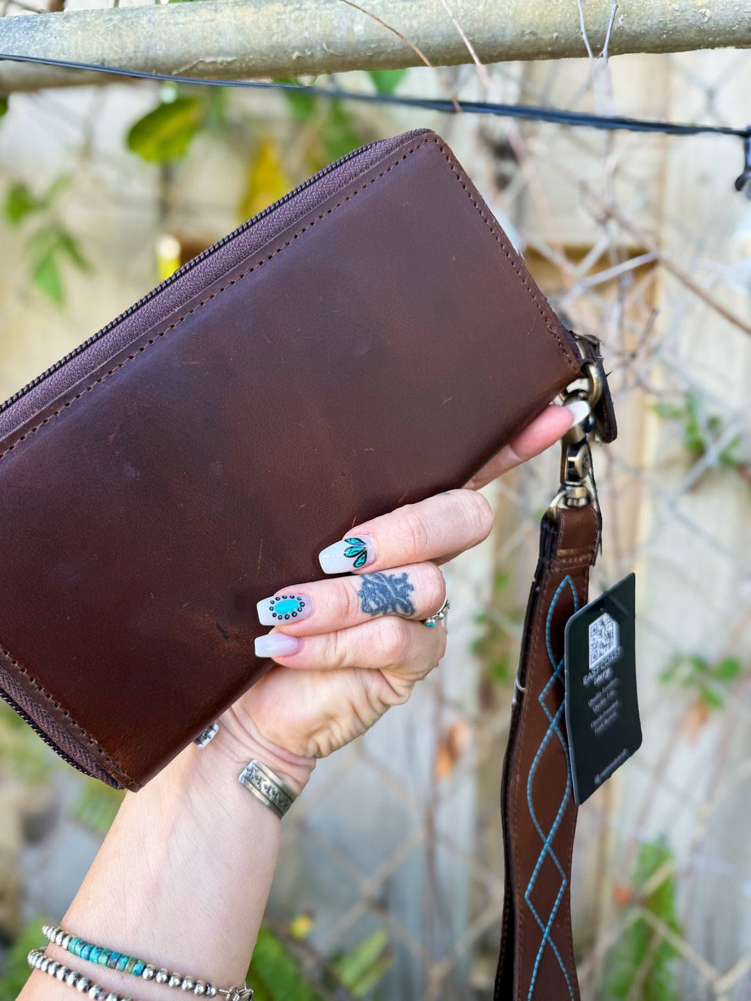 Turquoise Boot Stitch Leather Zip Wallet with Wristlet | Genuine Leather Western Wallet