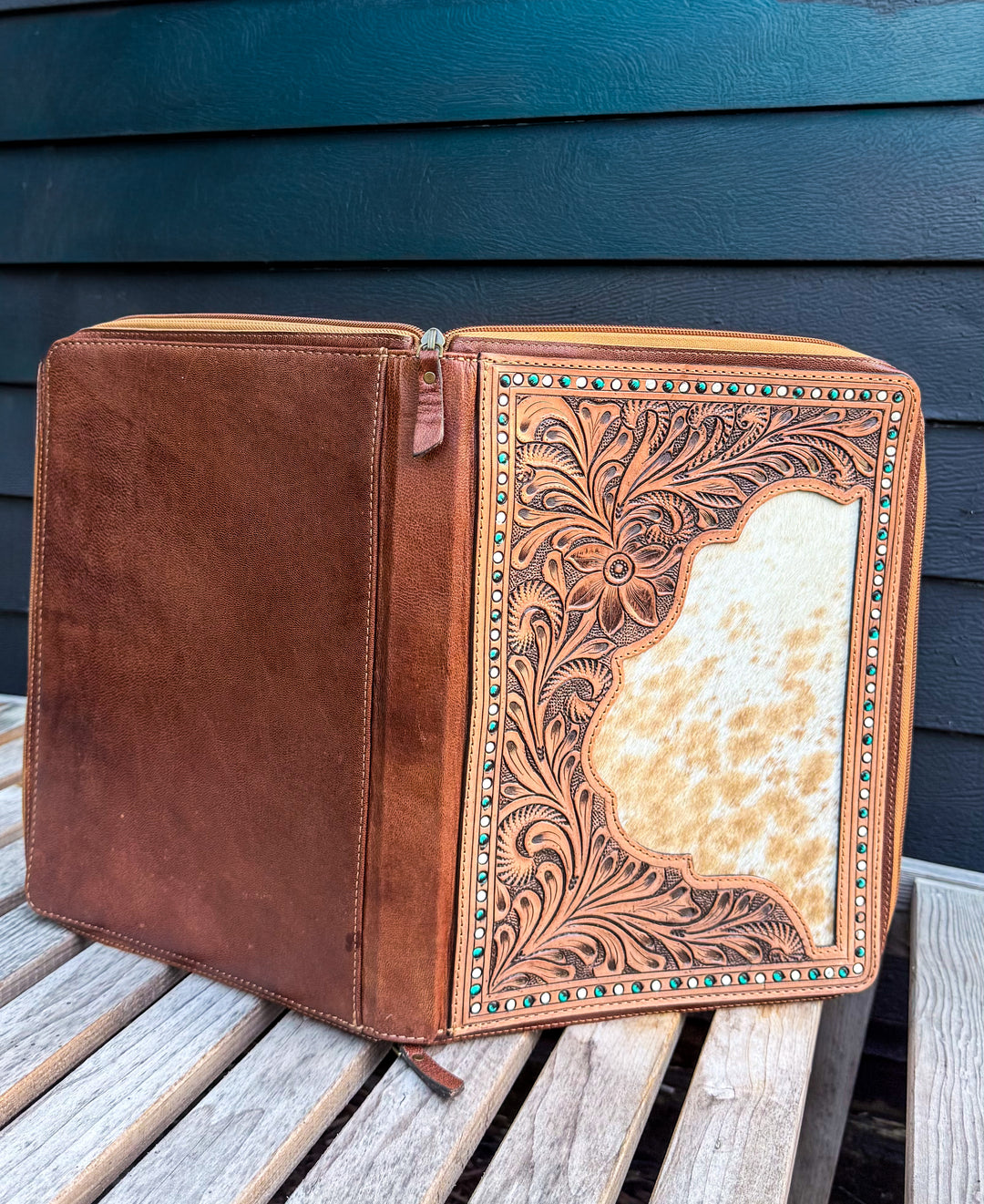 Western Tooled Leather Zipper Padfolio | 1” Ring Binder & Work Organizer