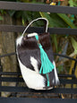 Black/White Cowhide & Leather Travel Cosmetic Bag | Turquoise Fringe