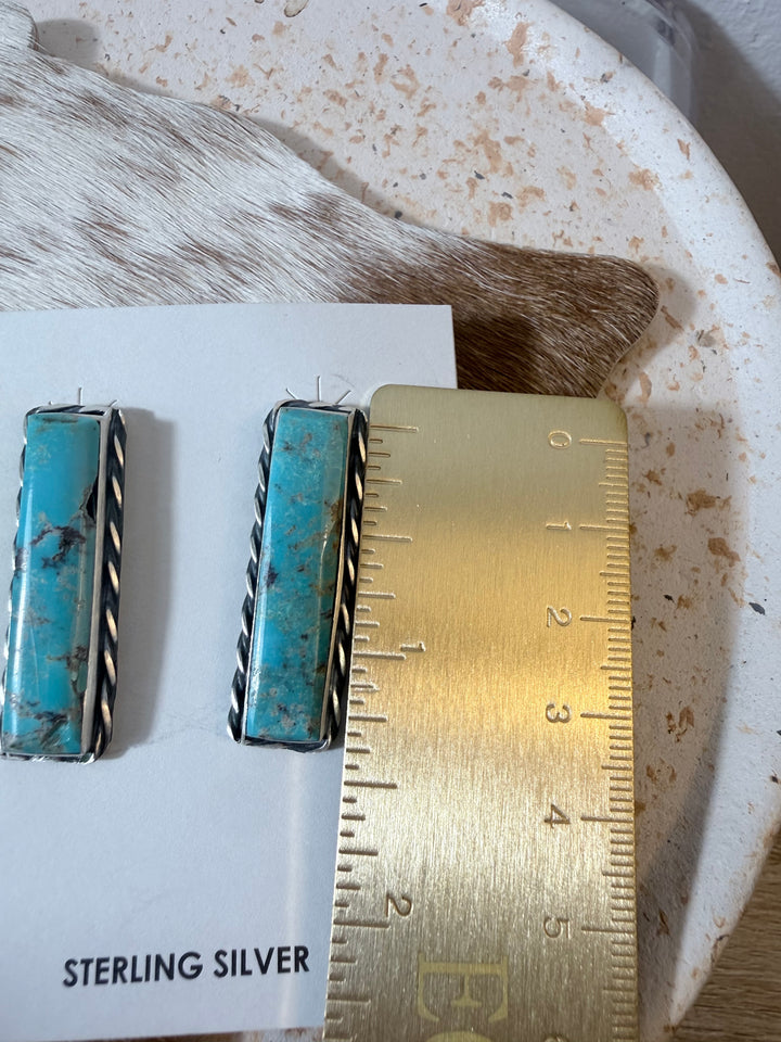 Steve Francisco Navajo Handmade Kingman Turquoise Bar Earrings