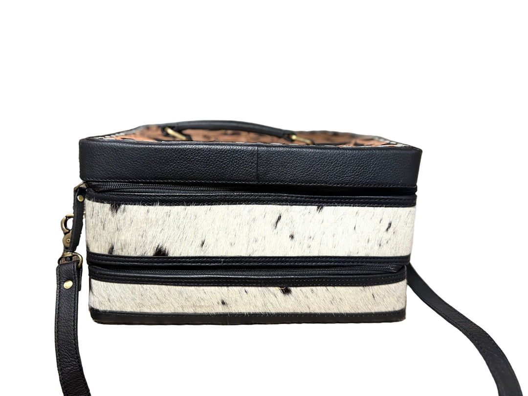 The Double Decker in Black | Large Black and White Cowhide and Tooled Leather Jewelry Case